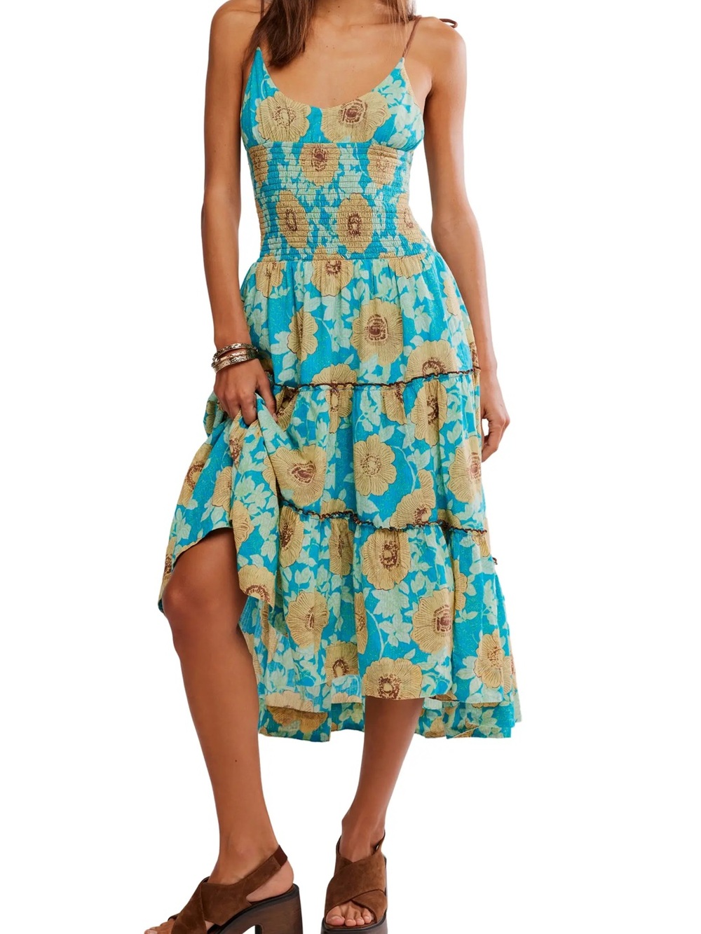 Free People Turquoise Yellow Floral High-Low Midi Dress